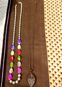 Set of 2 Boho Beaded & Leaf Pendant Necklaces
