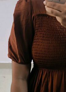Brown Smocked Square Neck Dress