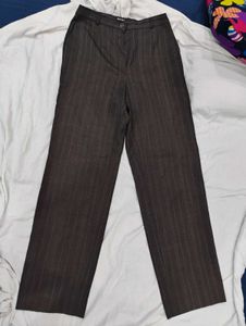 Brown High-Waist Wide-Leg Pinstripe Trousers