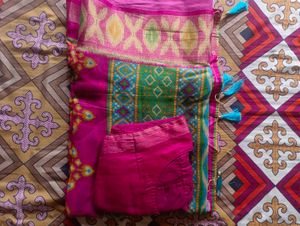 Vibrant Pink & Green Saree with Tassels