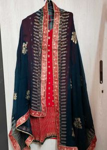 Elegant Red &amp; Teal Embroidered Salwar Kameez Set