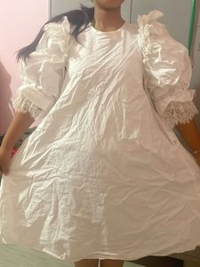 White Puff Sleeve Lace Trim Dress