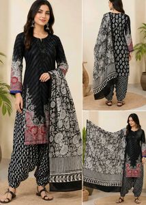 Stylish Black Printed Kurta Set with Dupatta