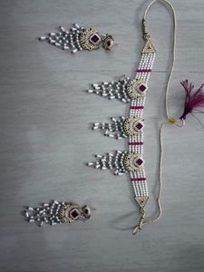 Royal Pearl &amp; Maroon Kundan Choker Necklace Set wi