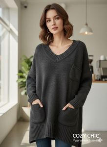 Cozy Grey V-Neck Pocket Sweater