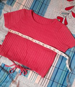 Rose Pink Cable Knit Cropped Top Tee with Strings