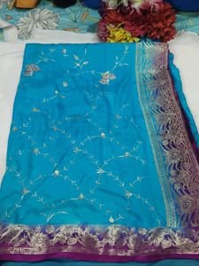 Beautiful Teal Embroidered Saree with blouse