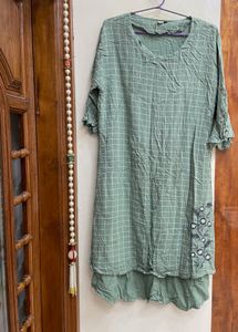 Green Checked Kurta with Embroidery