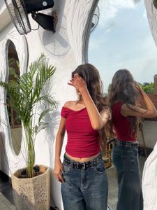 Red Ruched One-Shoulder Top