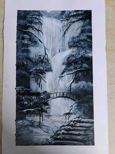 Monochromatic Waterfall Landscape Painting