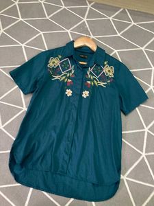 Embroidered Teal Button-Down Shirt