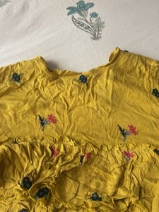 Yellow Ruffled top  with Floral Embroidery