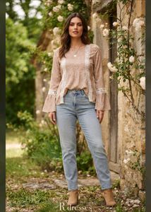 Boho Bell Sleeve Lace Trim Blouse