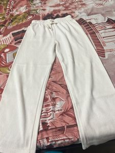 White Ribbed Wide Leg Pants