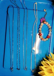 Jewelry Combo: Set of 4 Silver Chains & 1 Beaded H
