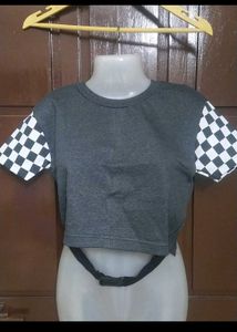 Gray Crop Top with Checkered Sleeves