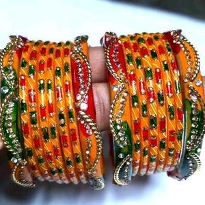 Vibrant Orange &amp; Red Embellished Bangle Set