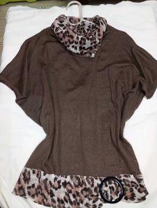 Stylish Brown Tunic with Leopard Print Trim