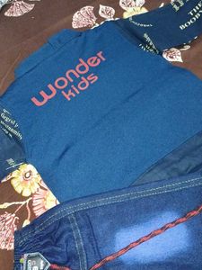 Boys navy blue jeans shirt set