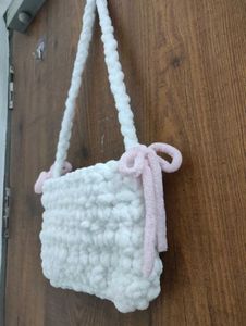 White Crochet Sling Bag with Pink Bows🌸🎀