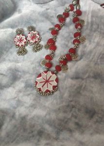 Boho Red Thread &amp; Mirror Work Necklace Set