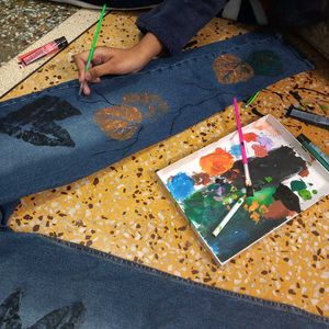 Hand-Painted Leaf Design Denim Jeans