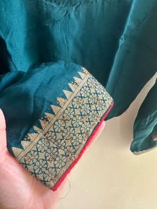 Teal Blue Bordered Saree with Gold Embroidery