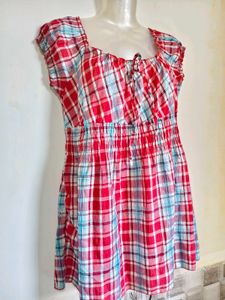 Red Plaid Smocked Top Size L 38"- 40"