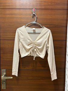 Beige Ruched Long Sleeve Crop Top