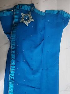Plain Blue Saree With Simple Beed Work