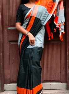 Stylish Black & Orange Striped Saree