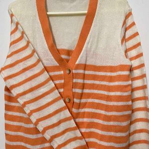 Orange &amp; White Striped Knit Cardigan