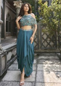 Teal Crop Top And Dhoti Set