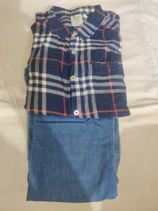 🔀Boy 10-12 Blue checked plaid Shirt with Deni