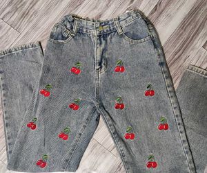 y2k indie Cherry Embroidered Denim Jeans