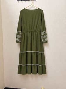 Olive Green Embroidered Tiered Dress