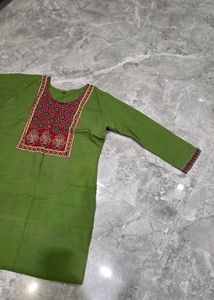 Green Cotton short top with Red Block Print