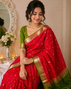 Elegant Red Saree with Golden Border