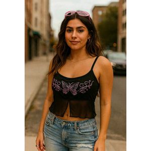 Black Butterfly Rhinestone Mesh Top