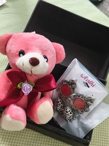 gifting Charming Teddy Bear with Red Earrings Set