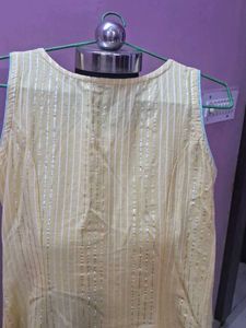 Yellow Striped Kurta Set with Embellished Neckline