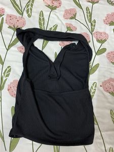 Black Ribbed Button-Up Top
