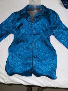 Chic Teal Satin Button-Up Shirt