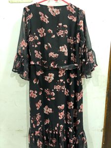 Black dress with pink floral print