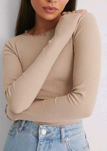 Beige Ribbed Long Sleeve Top