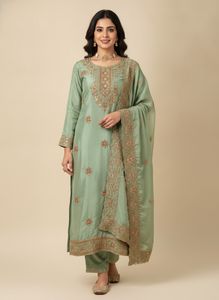 Festive Green Silk Kurta + Dupatta