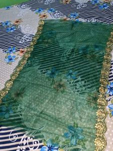 Green Floral Dupatta with Gold Border