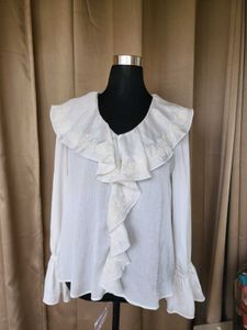 White Embroidered Ruffle Blouse