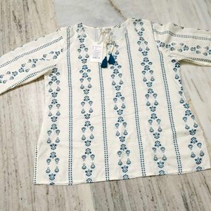 White & Blue Printed Tassel Kurta