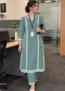 Elegant Sea Green Suit with White Floral Lace